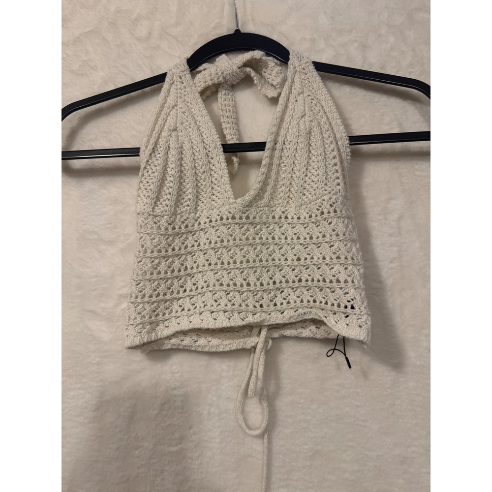 Romwe Crochet Halter Top Cream Boho Knit Lace Up Back Crop Top XS